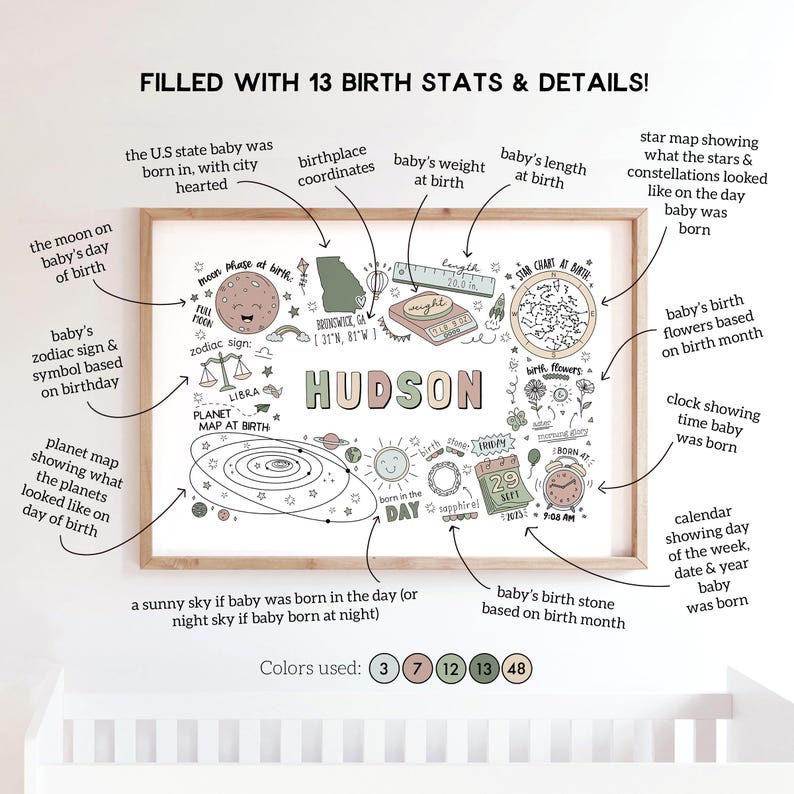 May include: A printable poster with a whimsical design featuring a baby's birth details. The poster includes a star chart, a planet map, a clock, a calendar, a moon phase, a zodiac sign, and a birth flower. The poster is filled with colorful illustrations and the text "HUDSON".