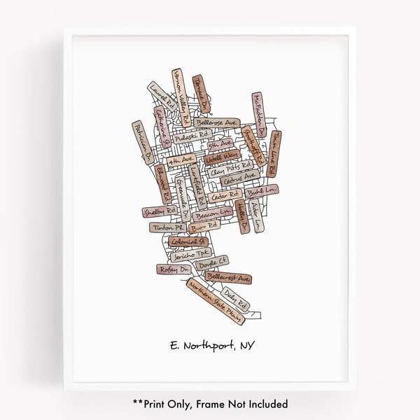 Watercolor street map print of East Northport NY, hand drawn city map featuring the street names of East Northport New York