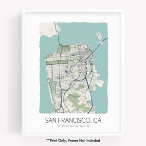 San Francisco CA city map art print, hometown map poster, city map California, map wall art, watercolor map print