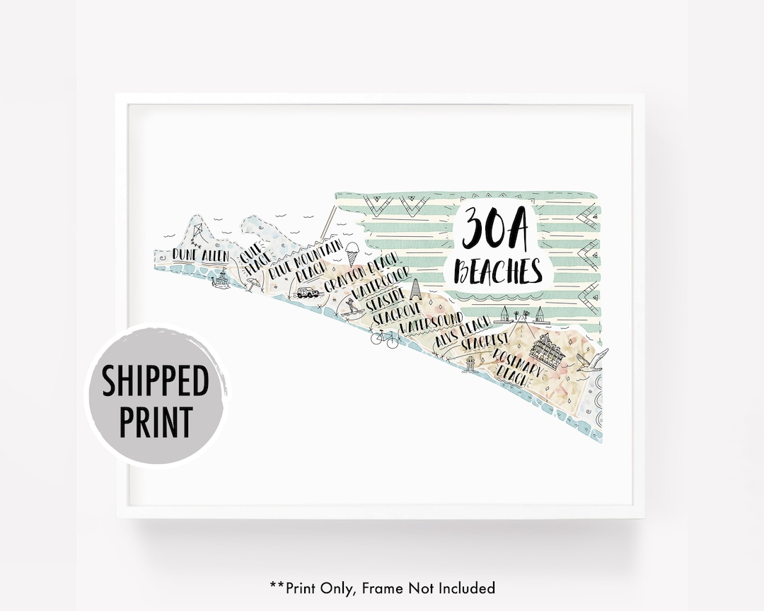 Watercolor Map Print of 30A Beaches, Hand Drawn Illustrated Map of 30A ...