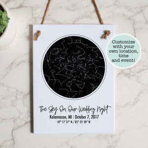 May include: A black and white star chart print with the text "The Sky On Our Wedding Night" and the date "October 7, 2017". The location is listed as "Kalamazoo, MI" with the coordinates "42° 17' 57" N/85° 35' 30" W".