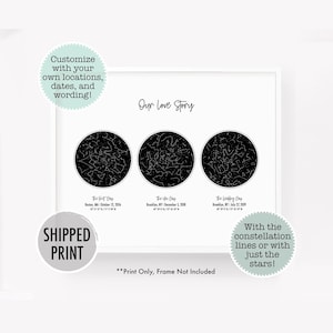 Constellation print, triple star map poster, night sky by date, star chart personalized gift for him, custom anniversary gift, 3 star map