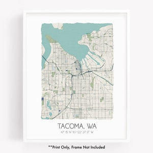 Tacoma WA city map art print, hometown map poster, city map Washington, map wall art, watercolor map print