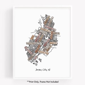 May include: A hand-drawn map of Jersey City, New Jersey, with street names labeled in brown and pink. The map is outlined in black and includes the text "Jersey City, NJ" at the bottom.