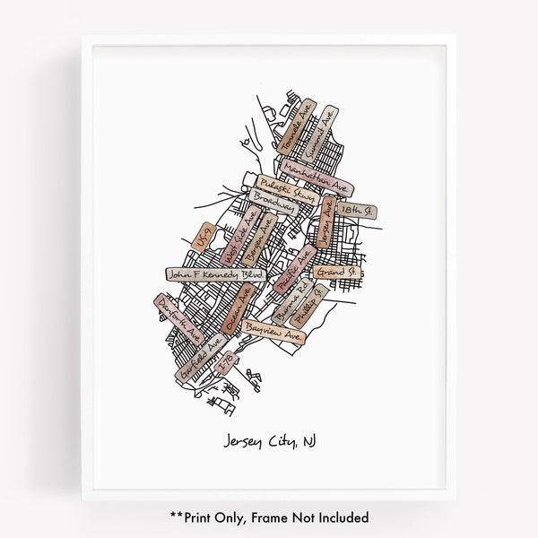 Watercolor street map print of Jersey City NJ, hand drawn city map featuring the street names of Jersey City New Jersey