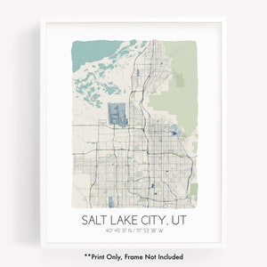 Salt Lake City UT city map art print, hometown map poster, city map Utah, map wall art, watercolor map print