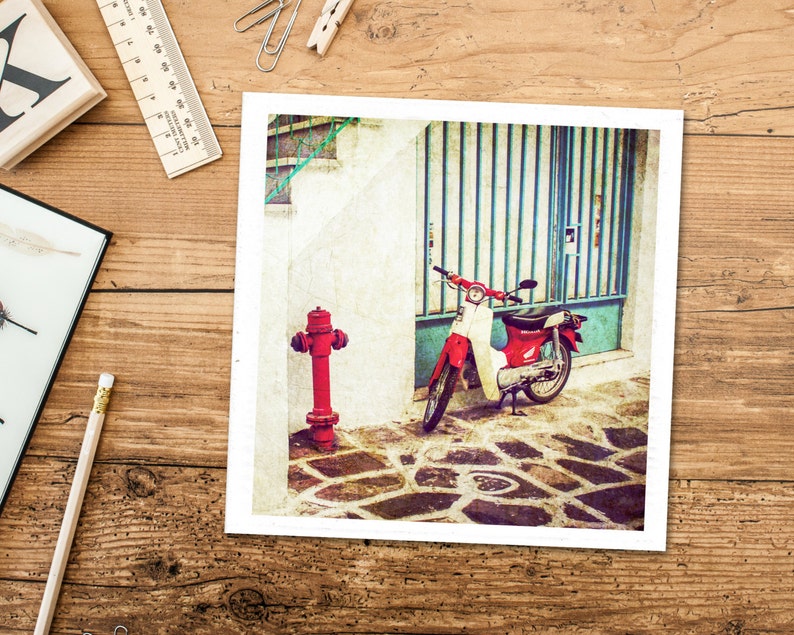 Greece printable photography, motorcycle, vintage wall decor, vintage travel prints, instant printable, aqua red digital download, square image 5