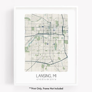 Lansing MI city map art print, hometown map poster, city map Michigan, map wall art, watercolor map print