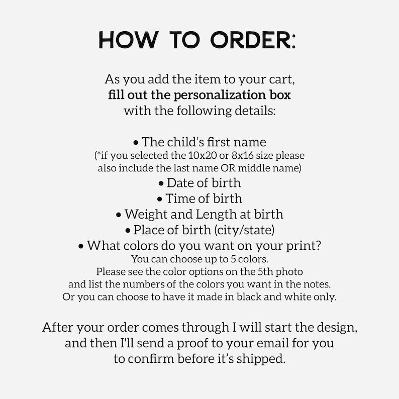 May include: How to order a personalized print.  Instructions include the child's first name, date of birth, time of birth, weight and length at birth, place of birth, and color choices.