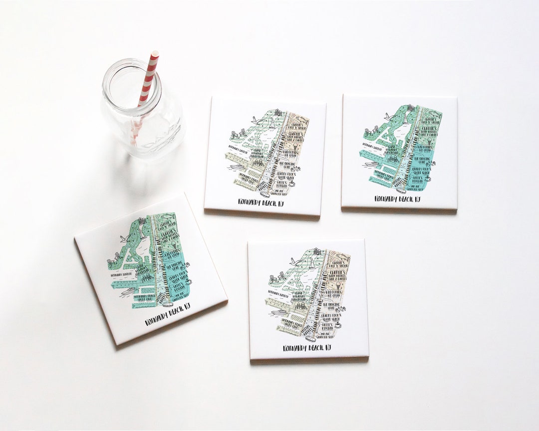 Normandy Beach NJ Hand Drawn Map Coasters Watercolor Etsy