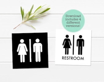 Unisex restroom sign, black and white bathroom printable sign, mens and womens bathroom signs, printable bathroom signs, restroom door sign