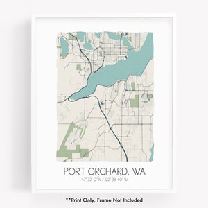 Port Orchard WA city map art print, hometown map poster, city map Washington, map wall art, watercolor map print