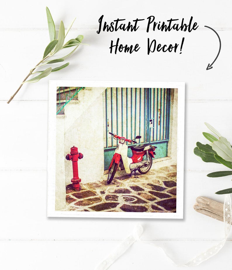 Greece printable photography, motorcycle, vintage wall decor, vintage travel prints, instant printable, aqua red digital download, square image 1