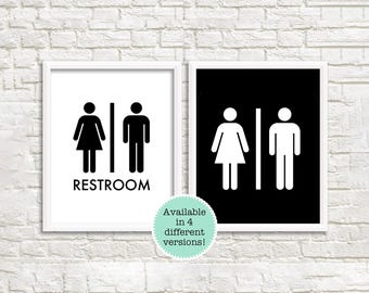 Printable bathroom art, custom bathroom door art, black and white bathroom wall art, mens and womens bathroom signs, unisex restroom sign