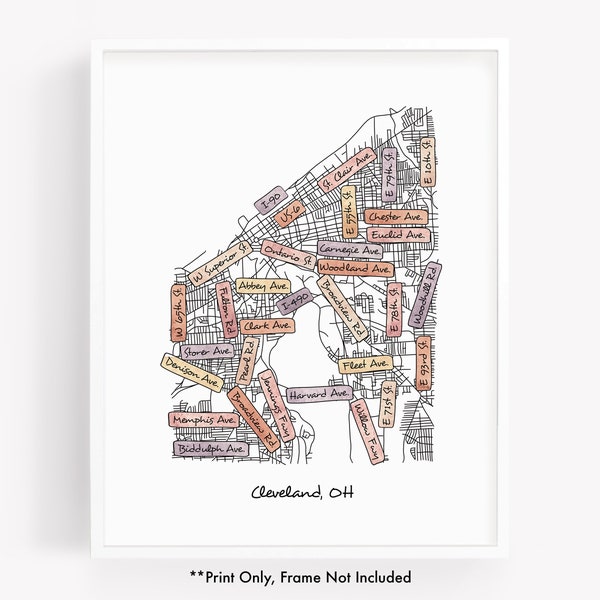 Watercolor street map print of Cleveland OH, hand drawn city map featuring the street names of Cleveland Ohio