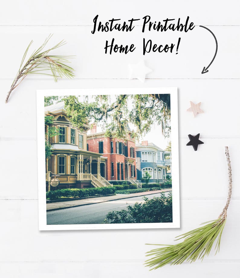 May include: A printable photograph of a row of colorful houses with a tree canopy overhead. The houses are painted in shades of yellow, red, and blue. The street is lined with green trees and bushes.
