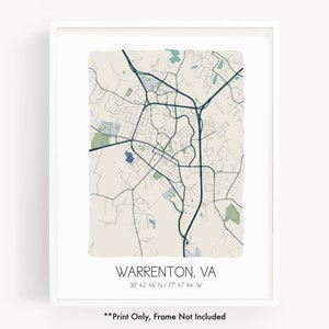 Warrenton VA city map art print, hometown map poster, city map Virginia, map wall art, watercolor map print