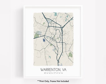 May include: A printable map of Warrenton, Virginia, with a beige background and blue and green lines representing roads and waterways. The text "WARRENTON, VA" and "38° 42 46 N/77° 47 44 W" is printed below the map. The text "**Print Only, Frame Not Included**" is printed below the coordinates.