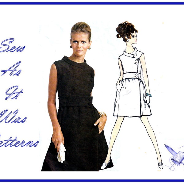 1960s Vogue Americana 1856 Chester Weinberg Standing Collar Asymmetrical Button A-Line Mini Dress Vintage Sewing Pattern Size 12 Bust 34"