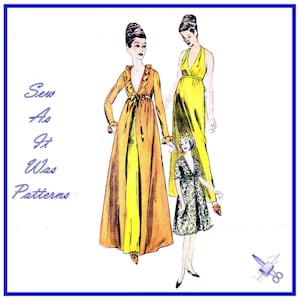 May include: Sew As It Was Patterns vintage sewing pattern featuring three women wearing long dresses. The pattern is for a long, yellow dress with a ruffled neckline and a matching robe. The text "Sew As It Was Patterns" is printed in purple on a white background.
