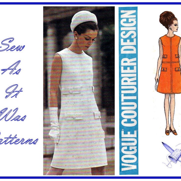 1960s Vogue Couturier Design 1916 Pertegaz Spain Sleeveless Mod Dress Welts High Round Neckline Vintage Sewing Pattern Size 10 Bust 32 33