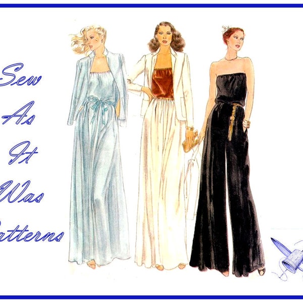 des années 1970 vogue 7140 blousant bustier évasée robe de soirée Pantdress Palazzo pantalon embrayage veste couture Vintage motif taille 8 buste 31,5" 80cm