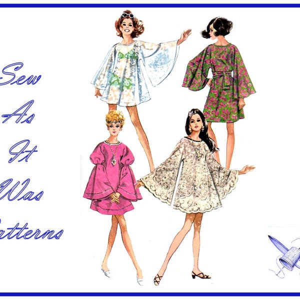 FF Uncut 1960s Simplicity 8129 Jiffy Dress Two Lengths Midi Mini Kimono Flared Sleeves Vintage Sewing Pattern Size 12 14 Bust 34 - 36"