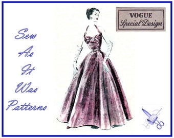 1950s Vogue Special Design S-4270 Halter Neck Ruched Bust Evening Cocktail Gown Full Flared Skirt Vintage Sewing Pattern Size 14 Bust 32