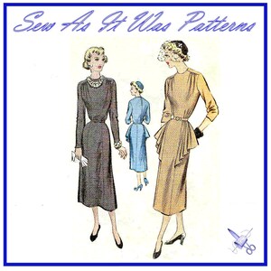 McCalls 8240 Dress Jewel Neckline Side Drape Peplum Shoulder Gathers 1950s FF Unused Vintage Sewing Pattern Size 16 Bust 34&quot;