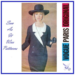 May include: Vintage Vogue Paris Original sewing pattern featuring a black and white double-breasted jacket and skirt suit. The model is wearing a black hat and gloves. The text "Sew As It Was Patterns" is on the left side of the image and "Vogue Paris Original" is on the right side of the image.