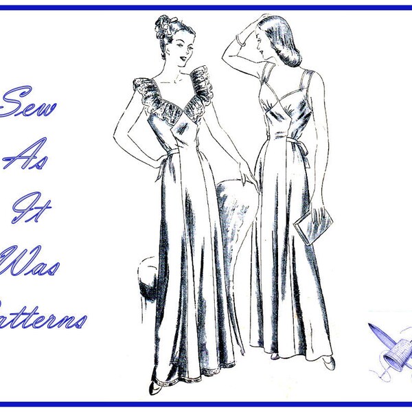 1940s Vogue 6122 Nightgown Night Gown Dressing Negligee Lingerie Back Wrap Ruffles Evening Length Vintage Sewing Pattern Size 14 Bust 32"