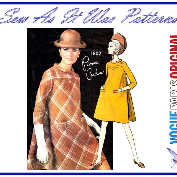 1960s Vogue Paris Original 1802 Pierre Cardin Tent Trapeze Coat Dress Pockets Bias Collar Yoke Vintage Sewing Pattern Size 14 Bust 34" 87cm