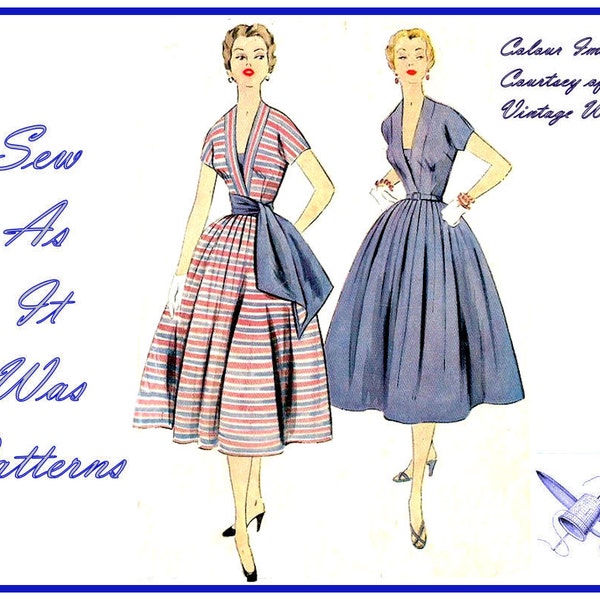 1950s McCalls 3070 Flared Skirt Dress Kimono Sleeves Deep V Neckline Waist Sash Vestee Insert Misses Vintage Sewing Pattern Size 14 Bust 32