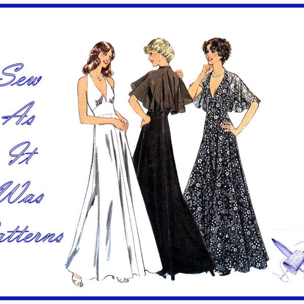 1970s Style 1353 Flared Maxi Halterneck Halter Neck Dress Midriff Plunge Neckline Cape Caplet Vintage Sewing Pattern Size 14 Bust 36" 92cm