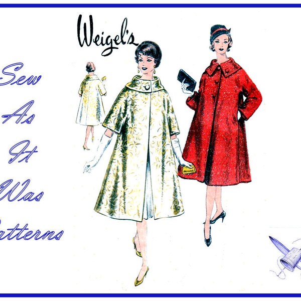 FF Unused 1960s Weigel's 2062 Vintage Sewing Pattern A-Line Swing Coat Large Collar Pockets Button Closure Size 16 Bust 36" 92cm