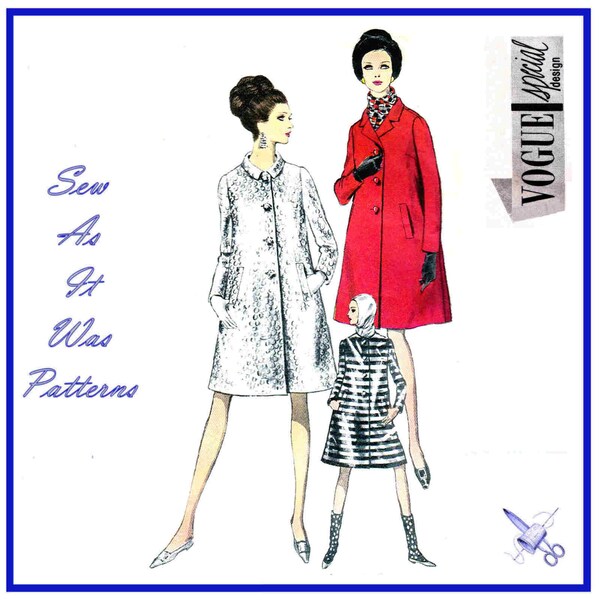 Vogue Special Design 6969 Flared Coat Notched Roll Collar Welt Pockets Front Buttoned 1960s Vintage Sewing Pattern Size 16 Bust 36" 92cm