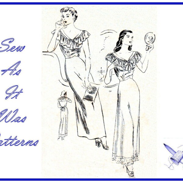 1940s Unused FF Vogue 5089 Nightgown Nightdress Dress Negligee Gown Lingerie Ruffle Tie Ends Vintage Sewing Pattern Size Medium Bust 32 34