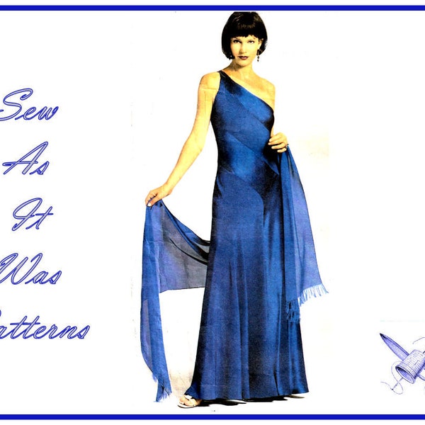 FF 2000s Vogue 2703 New York Collection One Shoulder Flared Flounce Grecian Cocktail Evening Dress Gown Stole Sewing Pattern Size 14 16 18