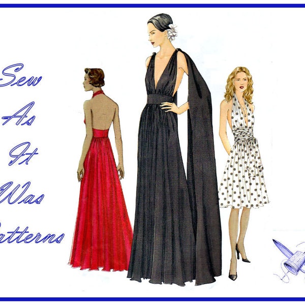 FF Uncut Vogue 7521 Backless Halter Neck Grecian Draped Midriff Evening Dress Gown Sewing Pattern Size 8 10 12 Bust 31.5 32.5 34" 80 83 87cm