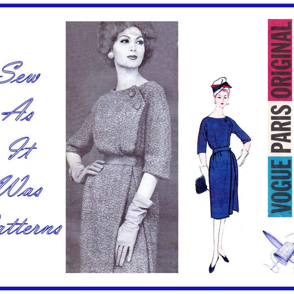 des années 1950 FF inutilisé Vogue Paris Original 1473 Guy Laroche robe sans col asymétrique plis boutons patron de couture Vintage taille buste 10 31