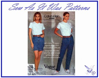Vogue 2850 1990s FF Classic Calvin Klein Jeans Mini Skirt Denim Vintage Sewing Pattern American Designer Sizes 4, 6, 8