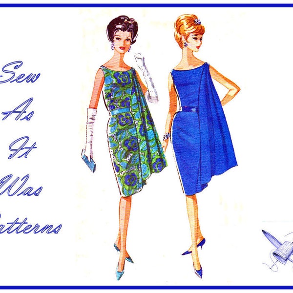 1960s FF McCall's 6599 Pauline Trigère Sleeveless Sheath Dress Scoop Neckline Shoulder Drape Vintage Sewing Pattern Size 12 Bust 32" 83cm