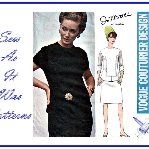 1960s Vogue Couturier Designer 1661 Jo Mattli Two Piece Dress High Neckline Over Blouse Skirt Vintage Sewing Pattern Size 14 Bust 34" 87cm