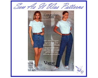 FF Vogue 2850 1990s Classic Calvin Klein Jeans Mini Skirt Denim Vintage Sewing Pattern American Designer Sizes 4, 6, 8