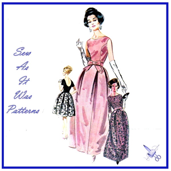 Butterick 2489 Jurk Uitlopende Jurk Avond Cocktail Bell Rok Scoop Hals Omkeren Plooi jaren 1960 Vintage Naaipatroon Maat 12 Bust 32" 83cm