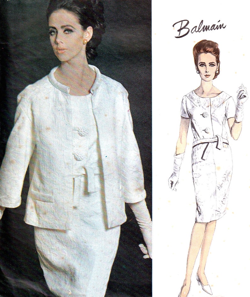 FF Vogue Paris Original 1396 Balmain Blouse Skirt Clutch Jacket Suit Scoop Neck 1960s Unused Vintage Sewing Pattern Size 18 Bust 38 83cm image 2