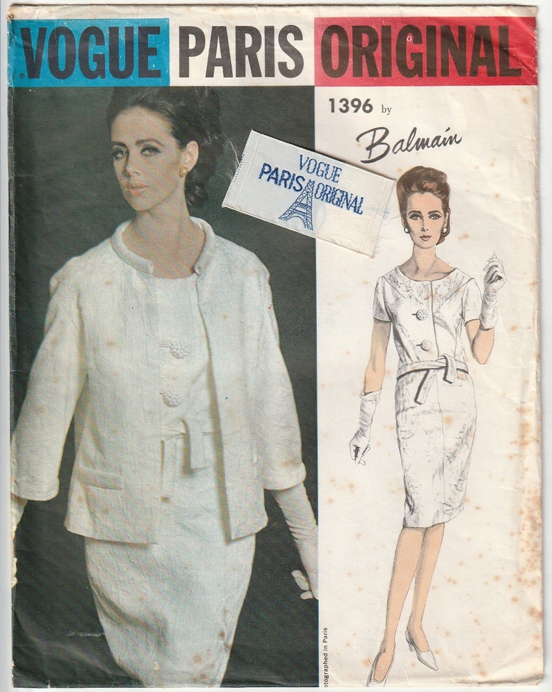 FF Vogue Paris Original 1396 Balmain Blouse Skirt Clutch Jacket Suit Scoop Neck 1960s Unused Vintage Sewing Pattern Size 18 Bust 38 83cm image 4