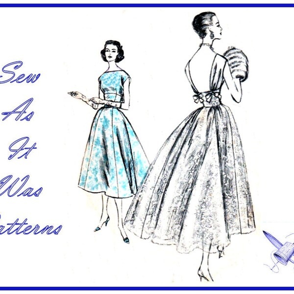 Very Rare 1950s Vogue 9013 Ballerina Flared Skirt Dress Bateau Neckline Open Back Midriff Bows Vintage Sewing Pattern Size 14 Bust 34" 87cm