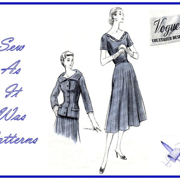 50er Jahre FF unbenäht Vogue Couturier Design 853 Gored Pin Tuck Faltenrock Kleid Hochformat Kragen Jacke Vintage Schnittmuster Gr. 16 Büste 34"