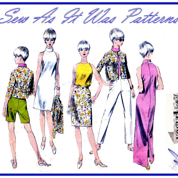 1960s Vogue Special Design 6795 Collar Band Sleeveless Dress Crop Jacket Top Slim Pants Shorts Vintage Sewing Pattern Size 16 Bust 36" 92cm